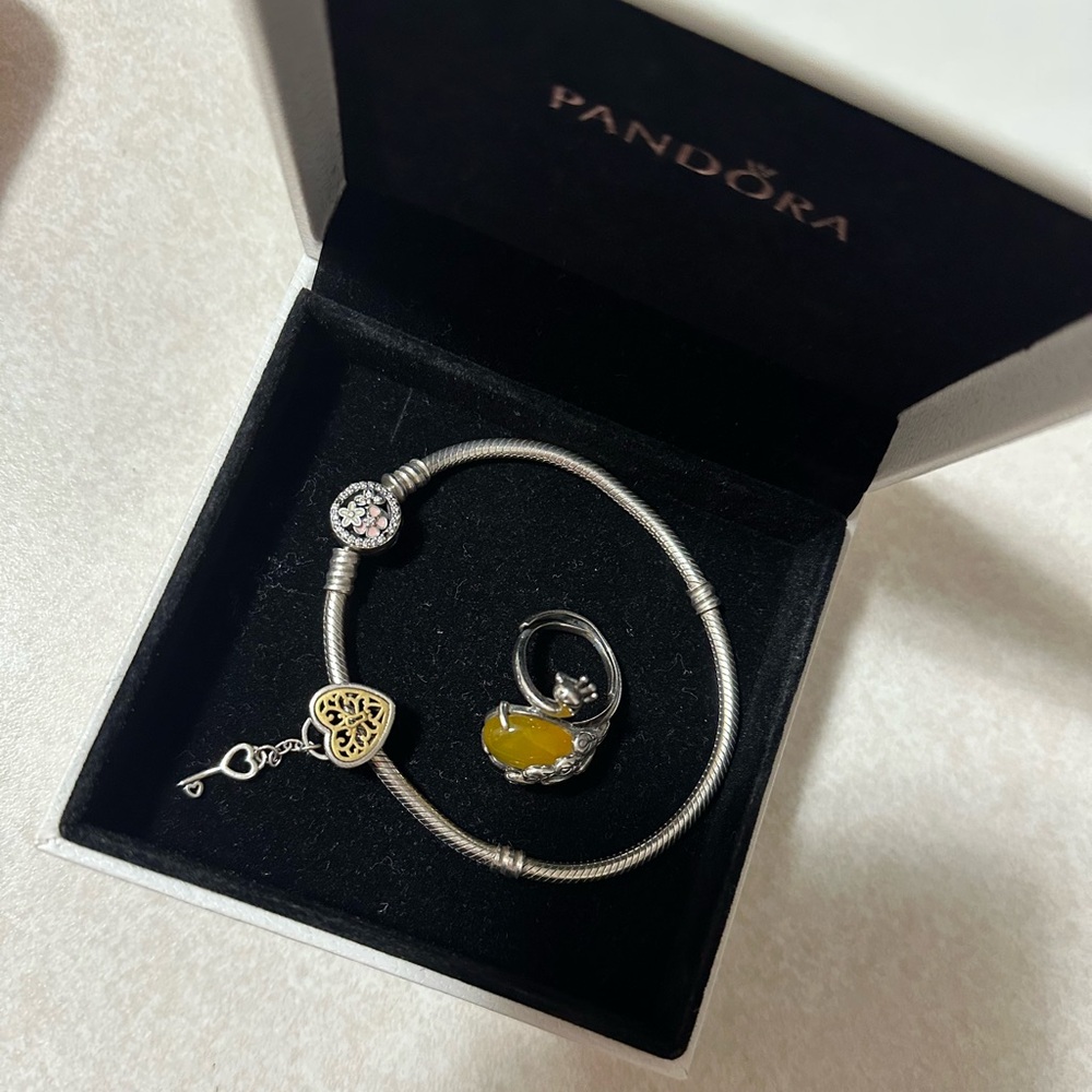 Pandora Silver Bracelet with Gold Heart Charm and Ring